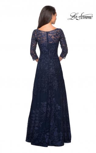 Picture of: Long Lace A-line Three Quarter Sleeve Gown in Navy, Style: 28053, Detail Picture 8