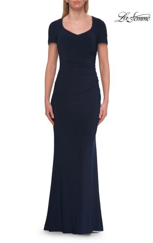 Picture of: Short Sleeve Jersey Gown with Sweetheart Neckline and Ruching in Navy, Style: 33146, Detail Picture 8