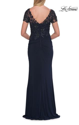 Picture of: Beaded Lace Illusion Bodice Evening Gown in Navy, Style: 33332, Detail Picture 8