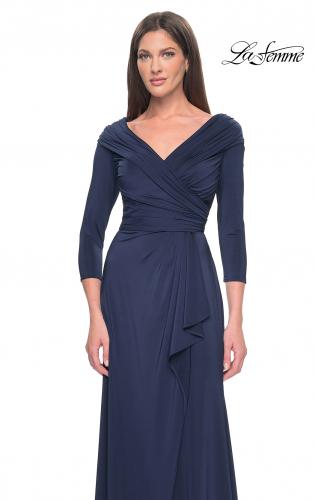 Picture of: Ruched Long Dress with Ruffle Skirt Detail and Sleeves in Navy, Style: 30845, Detail Picture 9