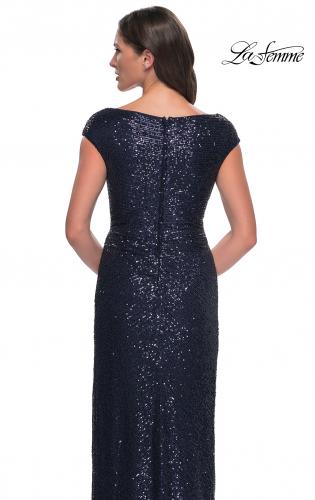 Picture of: Sequin Evening Dress with Ruching and V Neckline in Navy, Style: 30865, Detail Picture 12
