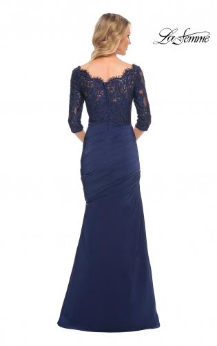 Picture of: Gathered Mermaid Satin Gown with Lace Top in Navy, Style: 24926, Back Picture