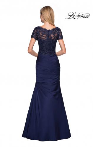 Picture of: Floor Length Satin Dress with Lace Rhinestoned Bodice in Navy, Style: 26979, Back Picture