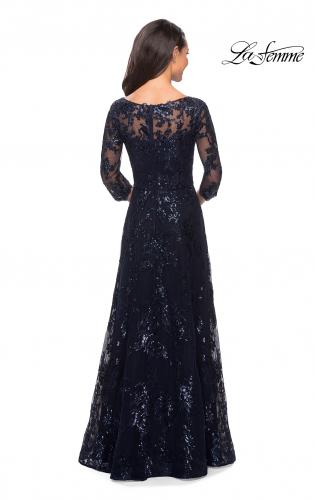 Picture of: Long Lace Dress with Sequins and Sheer 3/4 Sleeves in Navy, Style: 27885, Back Picture