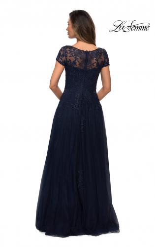 Picture of: Beaded Lace Rhinestone A-line Evening Gown in Navy, Style: 27920, Back Picture