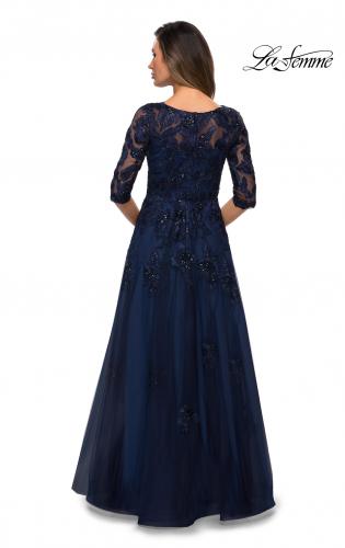 Picture of: Three Quarter Sleeve A-line Gown with Floral Embellishments in Navy, Style: 27922, Back Picture