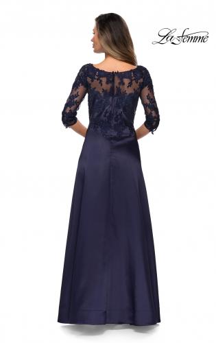 Picture of: Three Quarter Sleeve Gown with Lace Sheer Back in Navy, Style: 27988, Back Picture