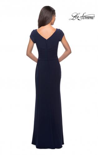 Picture of: Floor Length Jersey Evening Gown with Cap Sleeves in Navy, Style: 28026, Back Picture