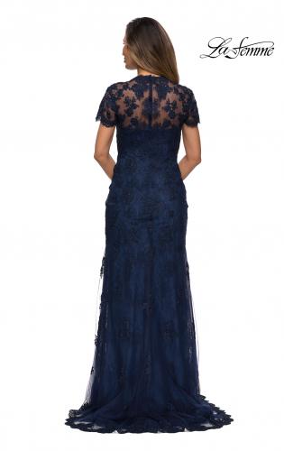 Picture of: Long Lace Evening Dress with Scallop Detailing and Rhinestones in Navy, Style: 28195, Back Picture