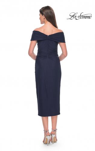 Picture of: Tea Length Fitted Jersey Ruched Off the Shoulder Dress in Navy, Style: 30109, Back Picture