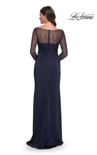Picture of: Sleek Long Evening Dress with Ruching and Illusion Top in Navy, Style: 30808, Back Picture