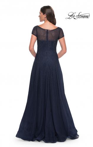 Picture of: Beaded A-Line Dress with Illusion Neckline and Sleeves in Navy, Style: 30852, Back Picture