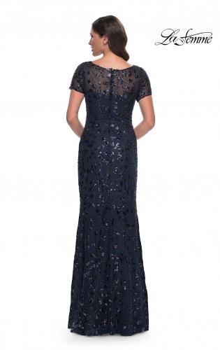 Picture of: Beaded Sequin Chic Evening Dress with Illusion Top and Short Sleeves in Navy, Style: 30877, Back Picture
