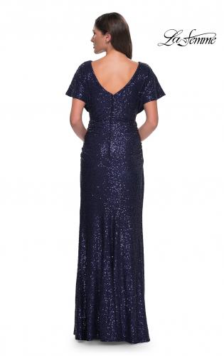 Picture of: Sequin Stretch Evening Dress with High Neckline and Dolman Sleeves in Navy, Style: 30885, Back Picture