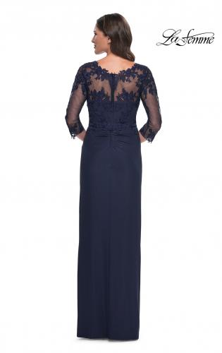 Picture of: Long Jersey Evening Dress with Lace Detail Neckline and Sleeves in Navy, Style: 31093, Back Picture
