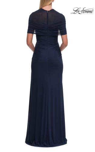 Picture of: Long Net Jersey Ruched Evening Dress with Short Sleeves in Navy, Style: 33124, Back Picture