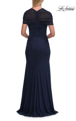 Picture of: Elegant Long Evening Dress with Ruching and Short Sleeves in Navy, Style: 33153, Back Picture