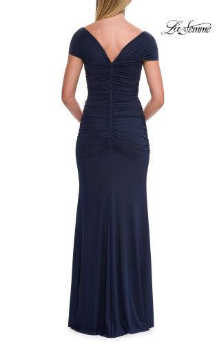 Picture of: Simple Ruched Cap Sleeve Net Jersey Gown in Navy, Style: 33506, Back Picture