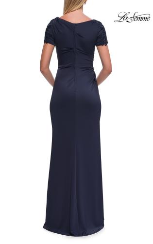 Picture of: Short Sleeve Embellished Shoulder Evening Gown in Navy, Style: 33693, Back Picture