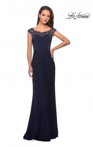 Picture of: Long Jersey Gown with Embellished Neckline in Navy, Style: 25399, Detail Picture 1