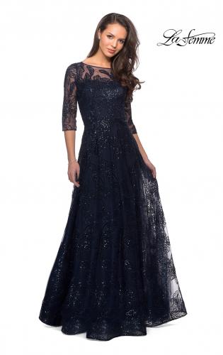 Picture of: A-line Lace Sequin Gown with Sheer Scoop Neckline in Navy, Style: 27942, Detail Picture 1