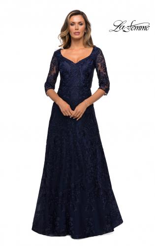 Picture of: Embroidered Lace Gown with V Neckline and Flare Skirt in Navy, Style: 27949, Detail Picture 1