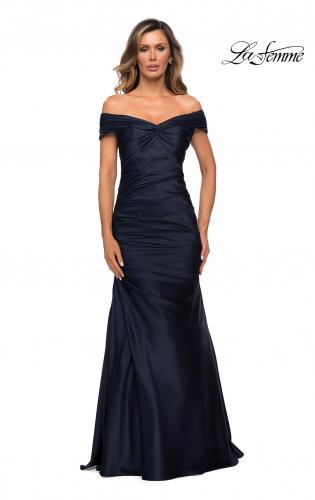 Picture of: Off the Shoulder Satin Evening Gown with Pleating in Navy, Style: 28047, Detail Picture 1