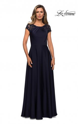 Picture of: Long Satin Dress with Sheer Floral Lace Cap Sleeves in Navy, Style: 28100, Detail Picture 1