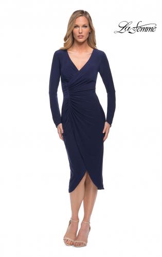 Picture of: Long Sleeve Knee Length Dress with Wrap Style Skirt in Navy, Detail Picture 1