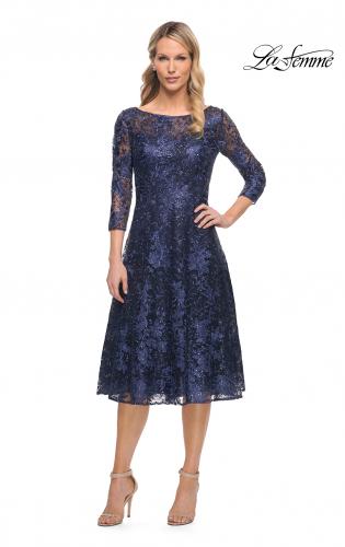 Picture of: Beautiful Lace Tea Length Gown with Three-Quarter Sleeves in Blue, Style: 30005, Detail Picture 1