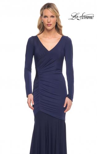 Picture of: Ruched Jersey Evening Gown with Long Sleeves in Blue, Style: 30010, Detail Picture 1