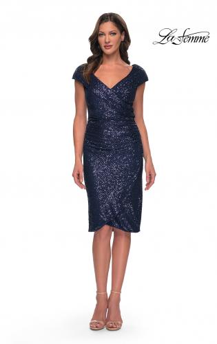 Picture of: Off the Shoulder Sequin Short Evening Dress with Ruching in Navy, Style: 30323, Detail Picture 1