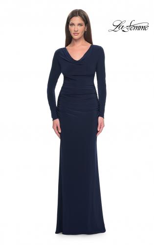 Picture of: Long Jersey Evening Dress with Draped Neckline in Navy, Style: 30813, Detail Picture 1