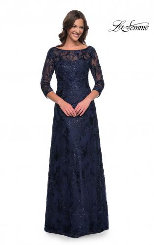 Picture of: Beautiful Lace Mother of the Bride Dress with Illusion Neckline in Navy, Style: 30835, Detail Picture 1