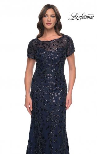Picture of: Beaded Sequin Chic Evening Dress with Illusion Top and Short Sleeves in Navy, Style: 30877, Detail Picture 1