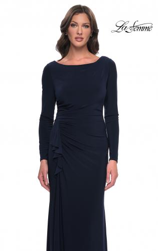 Picture of: Chic Jersey Long Dress with Ruffle Detail Skirt in Navy, Style: 30881, Detail Picture 1