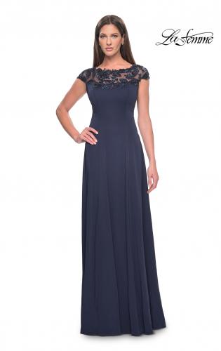 Picture of: A-Line Satin Dress with Stunning Beaded Neckline and Short Sleeves in Navy, Style: 31195, Detail Picture 1