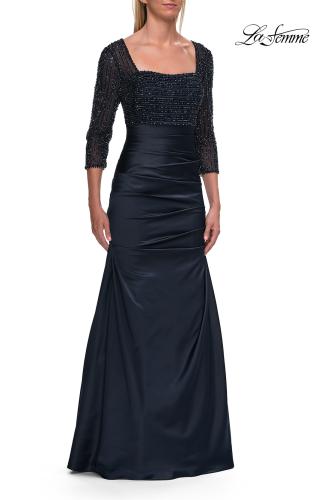 Picture of: Beaded Bodice Satin Gown with Three-Quarter Sleeves in Navy, Style: 33659, Detail Picture 1