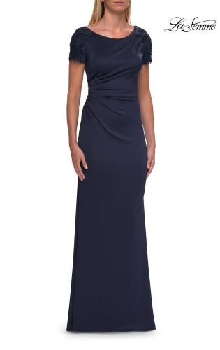 Picture of: Short Sleeve Embellished Shoulder Evening Gown in Navy, Style: 33693, Detail Picture 1