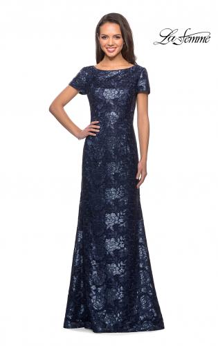 Picture of: Floor Length Short Sleeve Lace Dress in Navy, Style: 27884, Detail Picture 2