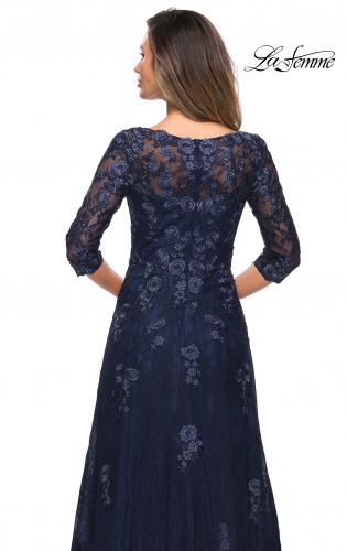 three quarter sleeve chiffon overlay navy lace dress