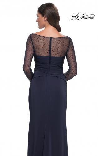 Picture of: Sleek Long Evening Dress with Ruching and Illusion Top in Navy, Style: 30808, Detail Picture 2
