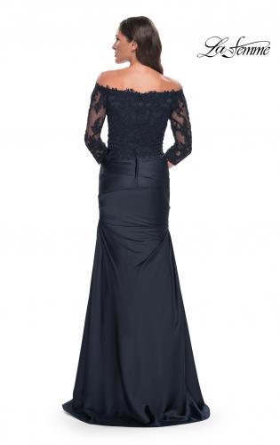 Picture of: Mermaid Satin Dress with Gathering and Off the Shoulder Top in Navy, Style: 30853, Detail Picture 2
