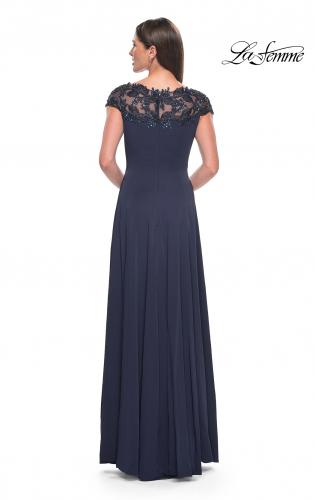 Picture of: A-Line Satin Dress with Stunning Beaded Neckline and Short Sleeves in Navy, Style: 31195, Detail Picture 2