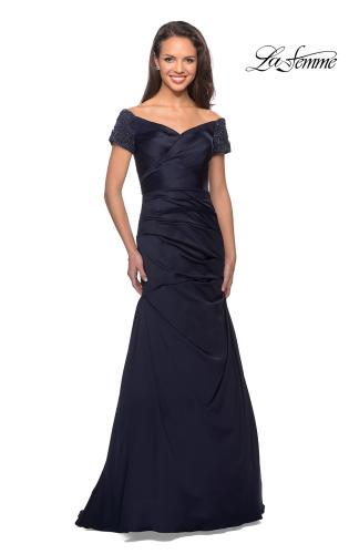 Picture of: Satin Off the Shoulder Dress with Beaded Sleeves, Style: 25996, Detail Picture 3