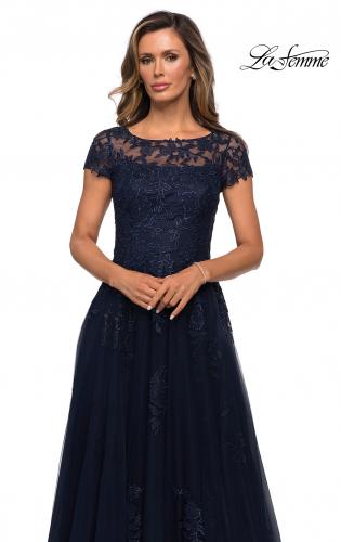 Picture of: Beaded Lace Rhinestone A-line Evening Gown in Navy, Style: 27920, Detail Picture 3
