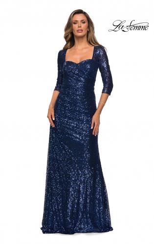 Picture of: Floor Length Sequin Gown wtih Ruching and Sleeves in Navy, Style: 28065, Detail Picture 3