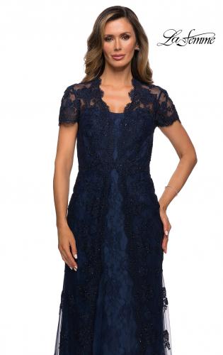 Picture of: Long Lace Evening Dress with Scallop Detailing and Rhinestones in Navy, Style: 28195, Detail Picture 3