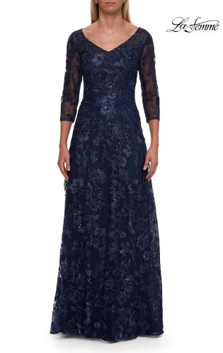Picture of: Beautiful Lace Mother of the Bride Gown with V Neckline in Navy, Style: 30803, Detail Picture 3