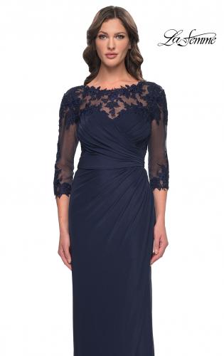 Picture of: Long Jersey Evening Dress with Lace Detail Neckline and Sleeves in Navy, Style: 31093, Detail Picture 3